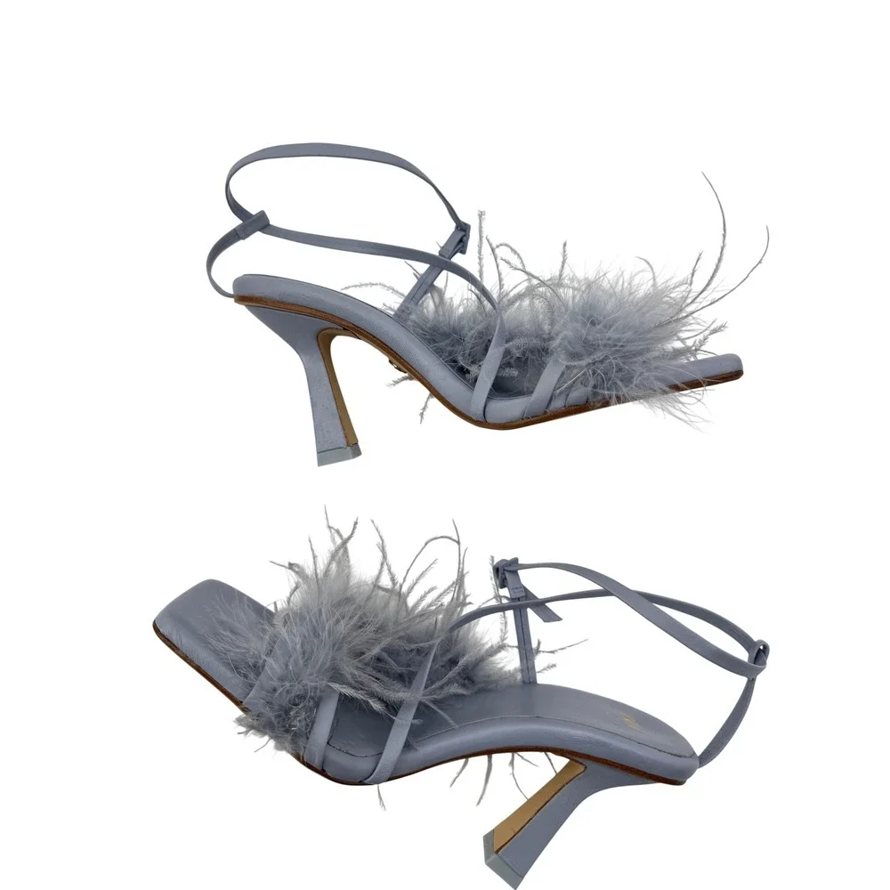 Zara Sandals Feather Ankle Strap Periwinkle Blue Size 40 Square Toe Block Heel - Picture 6 of 10